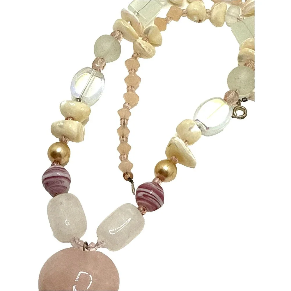 Rose Quartz Heart Pendant Necklace Stone Shell Glass Beaded Boho Statement 24